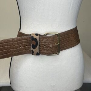 Vintage Ruza Croc Embossed Leather Wide Belt Leopard Strap Women 38" Gold Buckle
